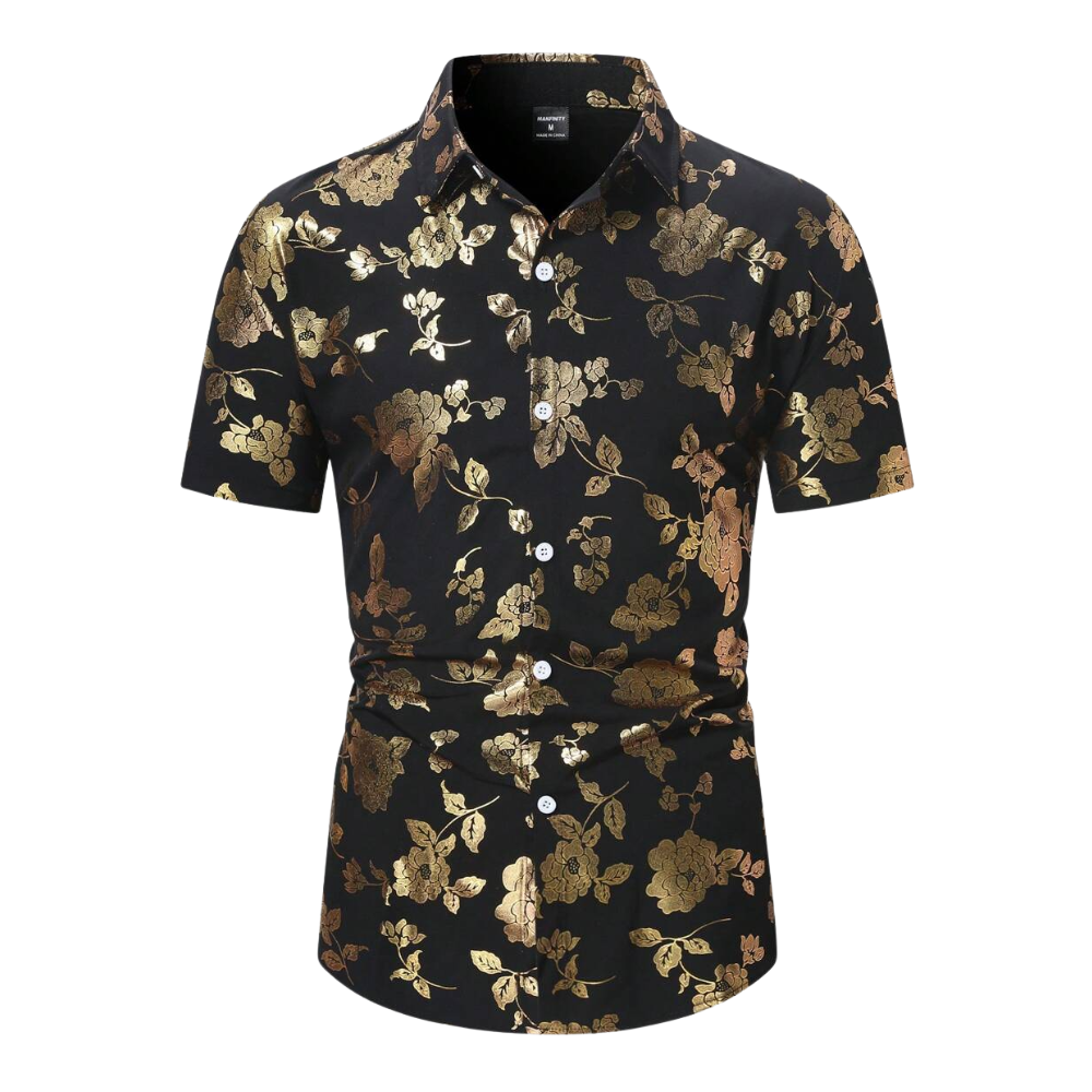 Camisa Vinser Ouro Preto preta com estampa floral dourada de manga curta