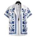 Camisa masculina Vinser Pajuçara branca com estampa floral azul, manga curta e acabamento premium.