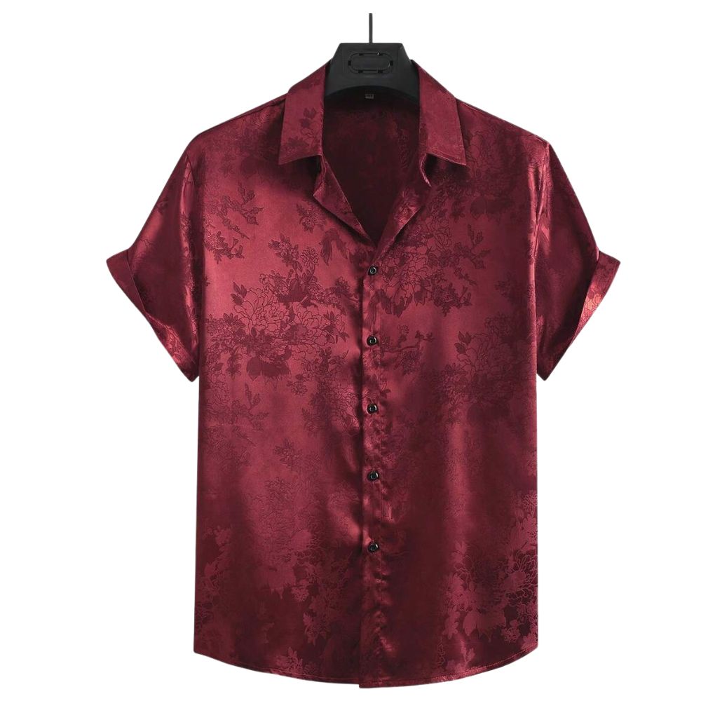 Camisa masculina Vinser Petrópolis de manga curta em tom vinho, com estampa floral discreta e acabamento sofisticado.