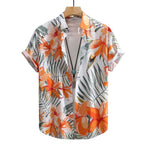 Vista frontal da Camisa Vinser Pôr do Sol, com estampa tropical floral em tons de laranja, verde e branco, destacando a modelagem de manga curta, o caimento leve e o acabamento premium da peça.