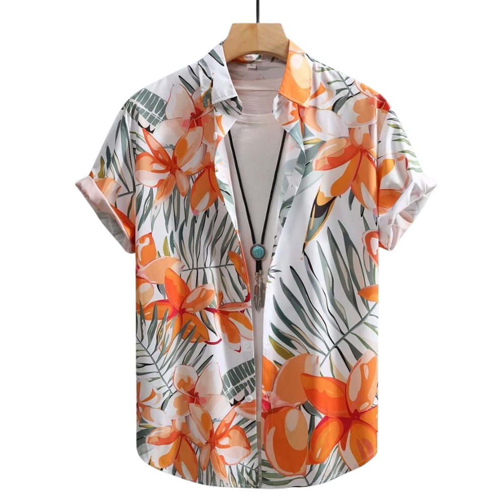 Vista frontal da Camisa Vinser Pôr do Sol, com estampa tropical floral em tons de laranja, verde e branco, destacando a modelagem de manga curta, o caimento leve e o acabamento premium da peça.