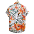 Vista traseira da Camisa Vinser Porto do Sol, com estampa tropical de flores alaranjadas e folhagens sobre fundo branco, manga curta, tecido leve e acabamento premium.