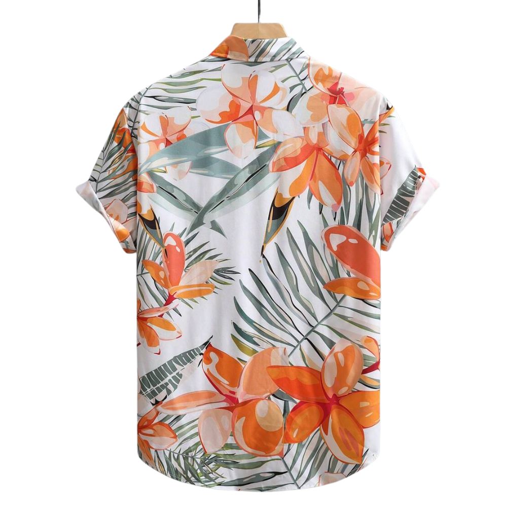Vista traseira da Camisa Vinser Porto do Sol, com estampa tropical de flores alaranjadas e folhagens sobre fundo branco, manga curta, tecido leve e acabamento premium.