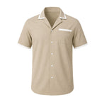 Camisa Vinser Portofino masculina bege de manga curta com gola e detalhes brancos