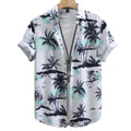 Camisa masculina Vinser Praia do Forte estampada, vista frontal, com manga curta, fundo branco e estampa tropical de coqueiros em tons de preto e verde-água. Tecido leve, respirável e acabamento premium para um visual elegante e casual.