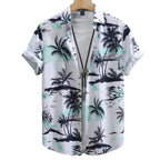 Camisa masculina Vinser Praia do Forte estampada, vista frontal, com manga curta, fundo branco e estampa tropical de coqueiros em tons de preto e verde-água. Tecido leve, respirável e acabamento premium para um visual elegante e casual.