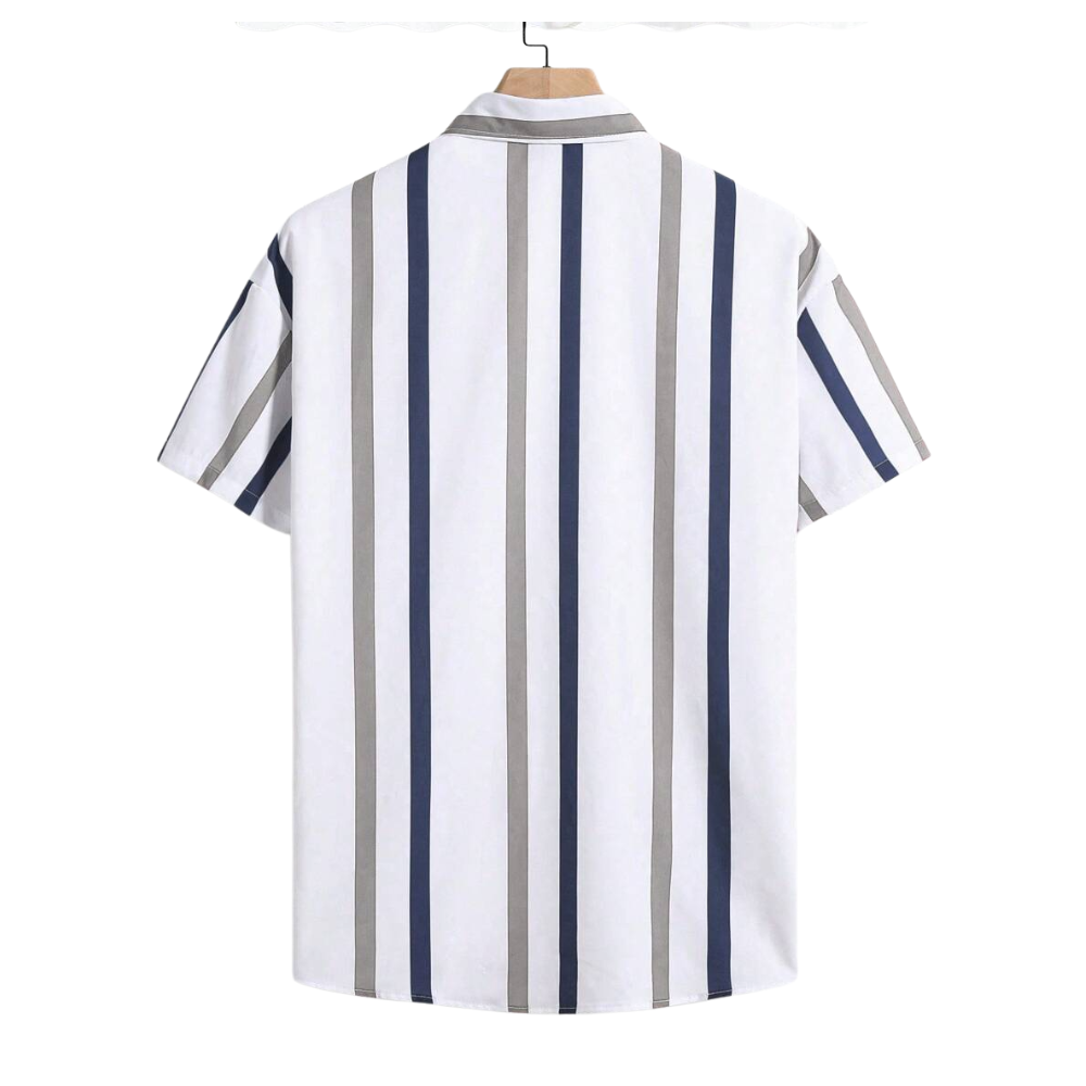 Camisa Vinser Recife branca com listras verticais azuis e cinza, vista traseira