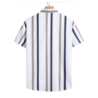 Camisa Vinser Recife branca com listras verticais azuis e cinza, vista traseira