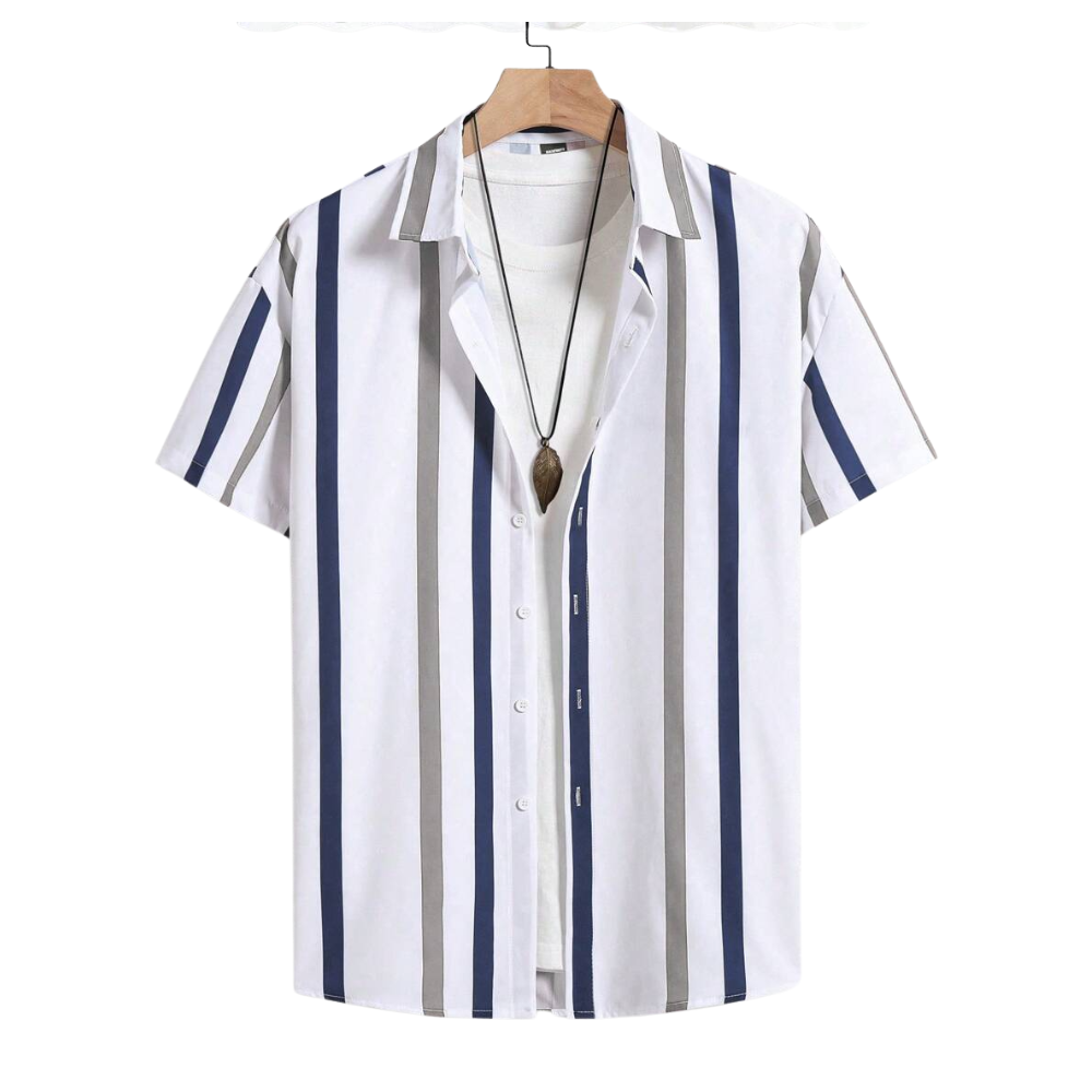 Camisa Vinser Recife branca com listras verticais azuis e cinza, manga curta