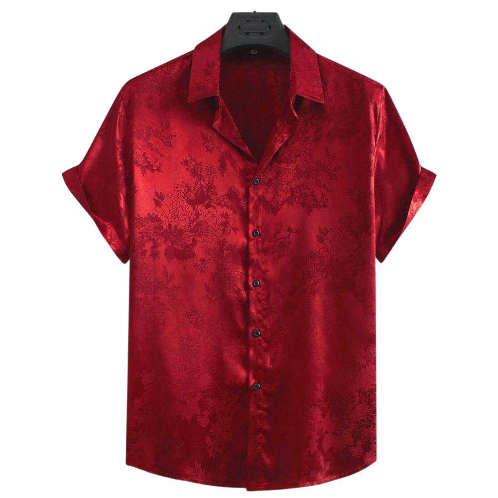 Camisa masculina Vinser Riviera vermelha manga curta com estampa floral em jacquard vista frontal