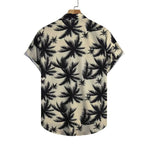 Camisa Vinser Saint-Tropez masculina bege vista de costas com estampa tropical preta de folhas e palmeiras