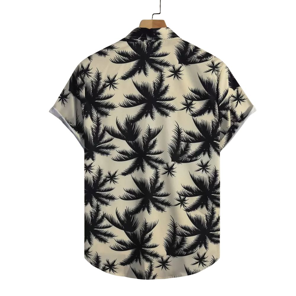 Camisa Vinser Saint-Tropez masculina bege vista de costas com estampa tropical preta de folhas e palmeiras
