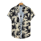 Camisa Vinser Saint-Tropez masculina bege com estampa tropical preta de folhas e palmeiras