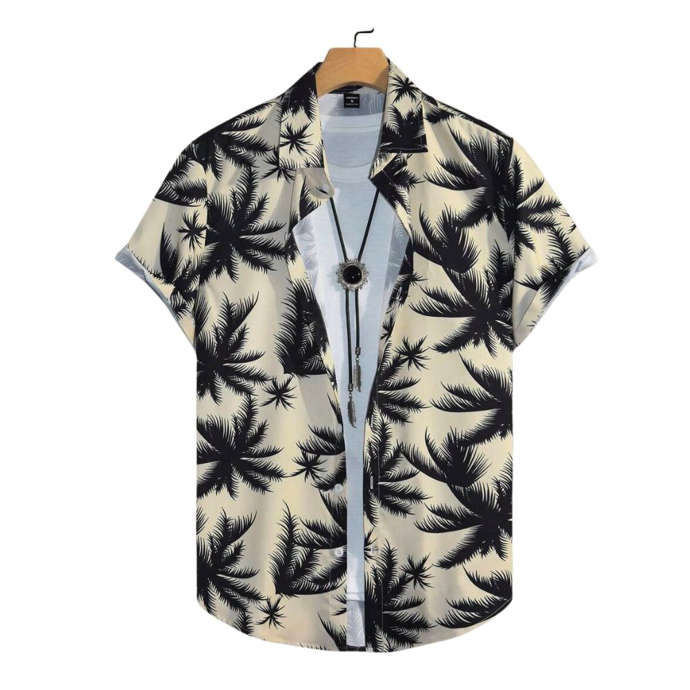 Camisa Vinser Saint-Tropez masculina bege com estampa tropical preta de folhas e palmeiras