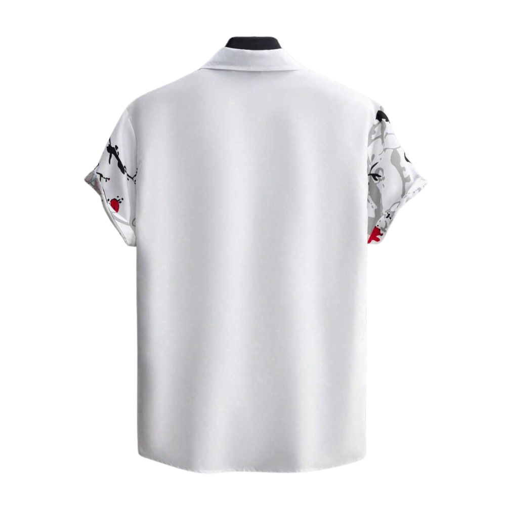 Camisa Vinser Sakura Noir branca vista de costas com mangas estampadas em preto e vermelho