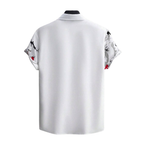 Camisa Vinser Sakura Noir branca vista de costas com mangas estampadas em preto e vermelho