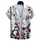 Camisa Vinser Sakura Noir branca com estampa floral japonesa em preto e vermelho