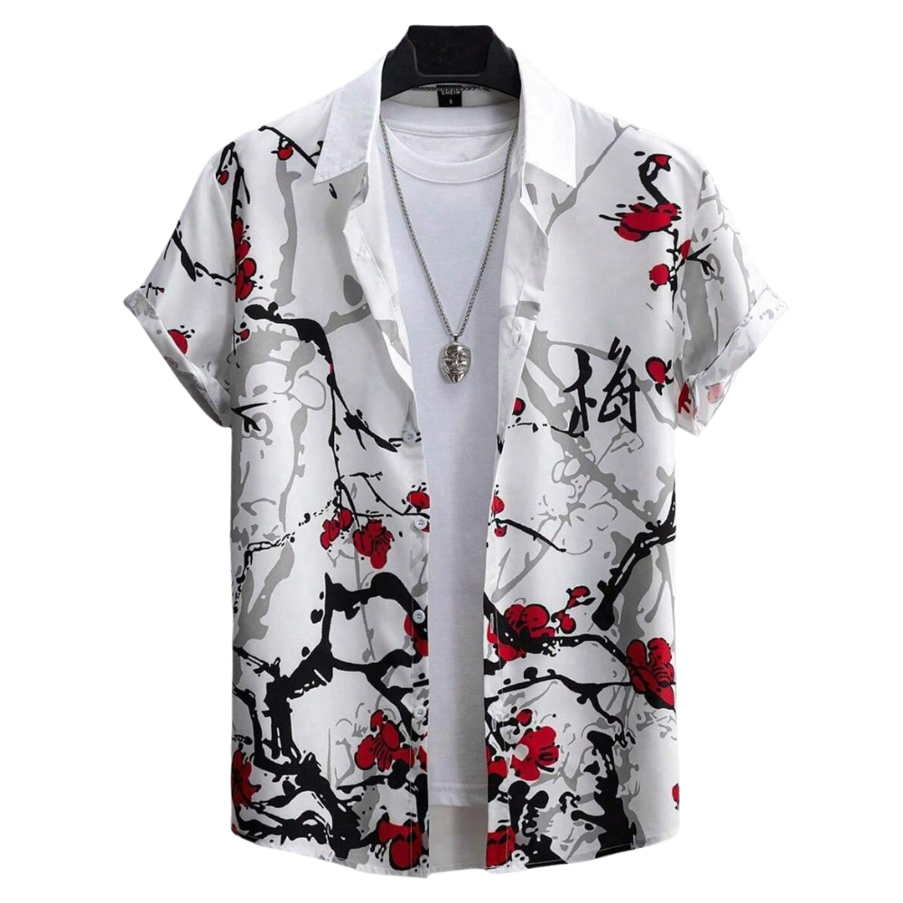 Camisa Vinser Sakura Noir branca com estampa floral japonesa em preto e vermelho