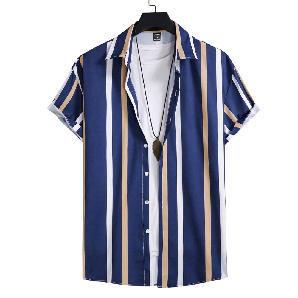 Camisa Vinser Salvador azul com listras verticais brancas e douradas de manga curta