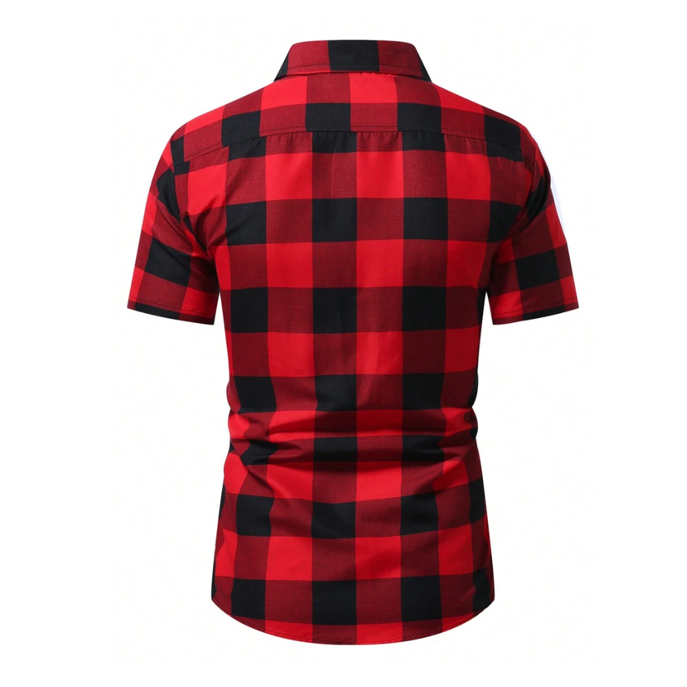Parte traseira da Camisa Vinser São Joaquim masculina com estampa xadrez vermelha e preta