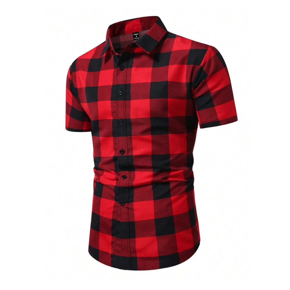 Camisa Vinser São Joaquim masculina de manga curta com estampa xadrez vermelha e preta em vista frontal