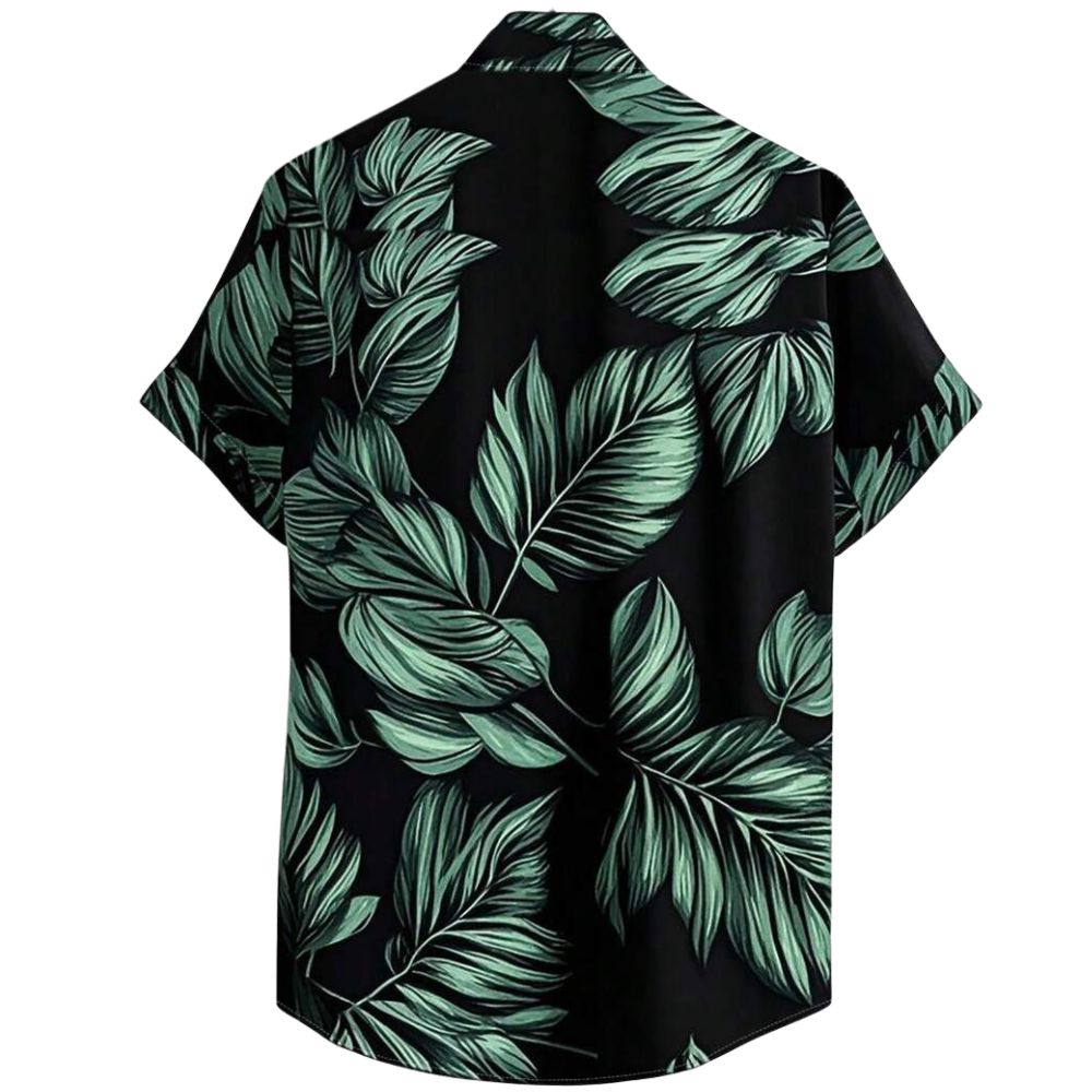 Vista traseira da Camisa Vinser Selva Costeira, com estampa tropical de folhas verdes sobre fundo preto, evidenciando o caimento e o acabamento das costas.