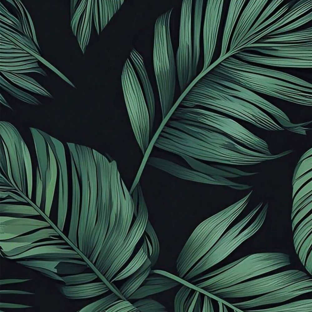Close da estampa da Camisa Vinser Selva Costeira, com folhas tropicais em tons de verde sobre fundo preto, destacando a textura do tecido e a riqueza dos detalhes.
