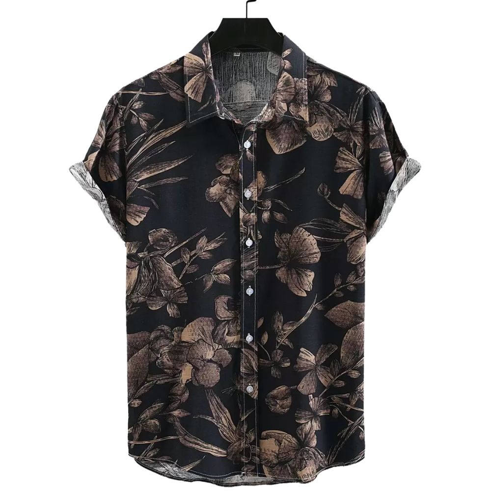 Vista frontal da Camisa Vinser Selva Noturna, com estampa floral em tons terrosos sobre fundo preto, modelagem de manga curta e caimento leve para um visual elegante e sofisticado.