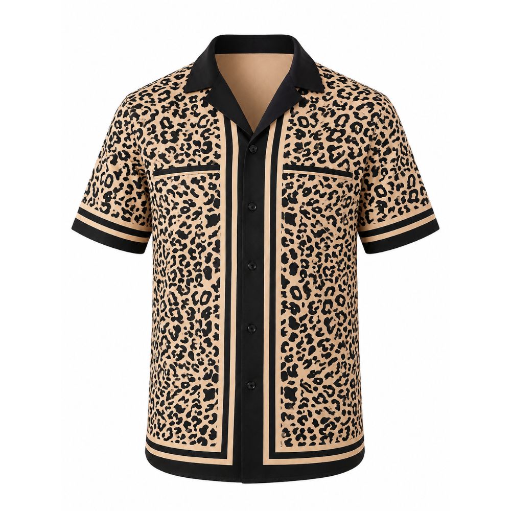 Camisa Vinser Serengeti masculina com estampa de leopardo em bege e preto