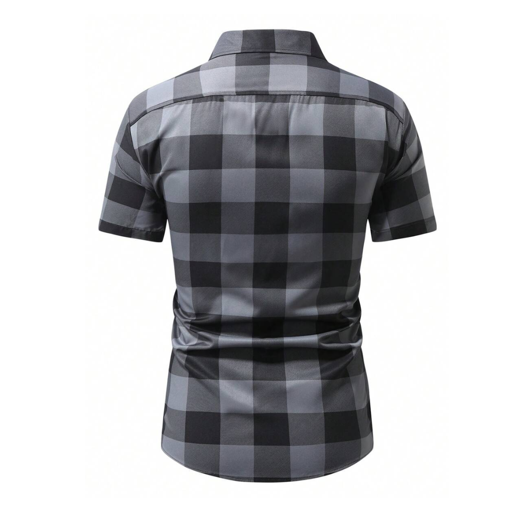 Costas da Camisa Vinser Sergipe masculina com estampa xadrez cinza e preta