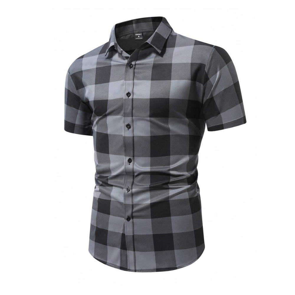 Camisa Vinser Sergipe masculina de manga curta com estampa xadrez cinza e preta