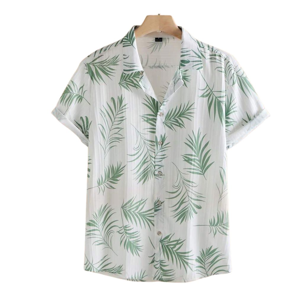 Camisa Vinser Seychelles branca com estampa de folhas verdes e manga curta