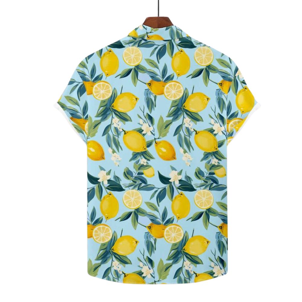 Camisa Vinser Sorrento masculina estampada com limões e folhas tropicais vista de costas