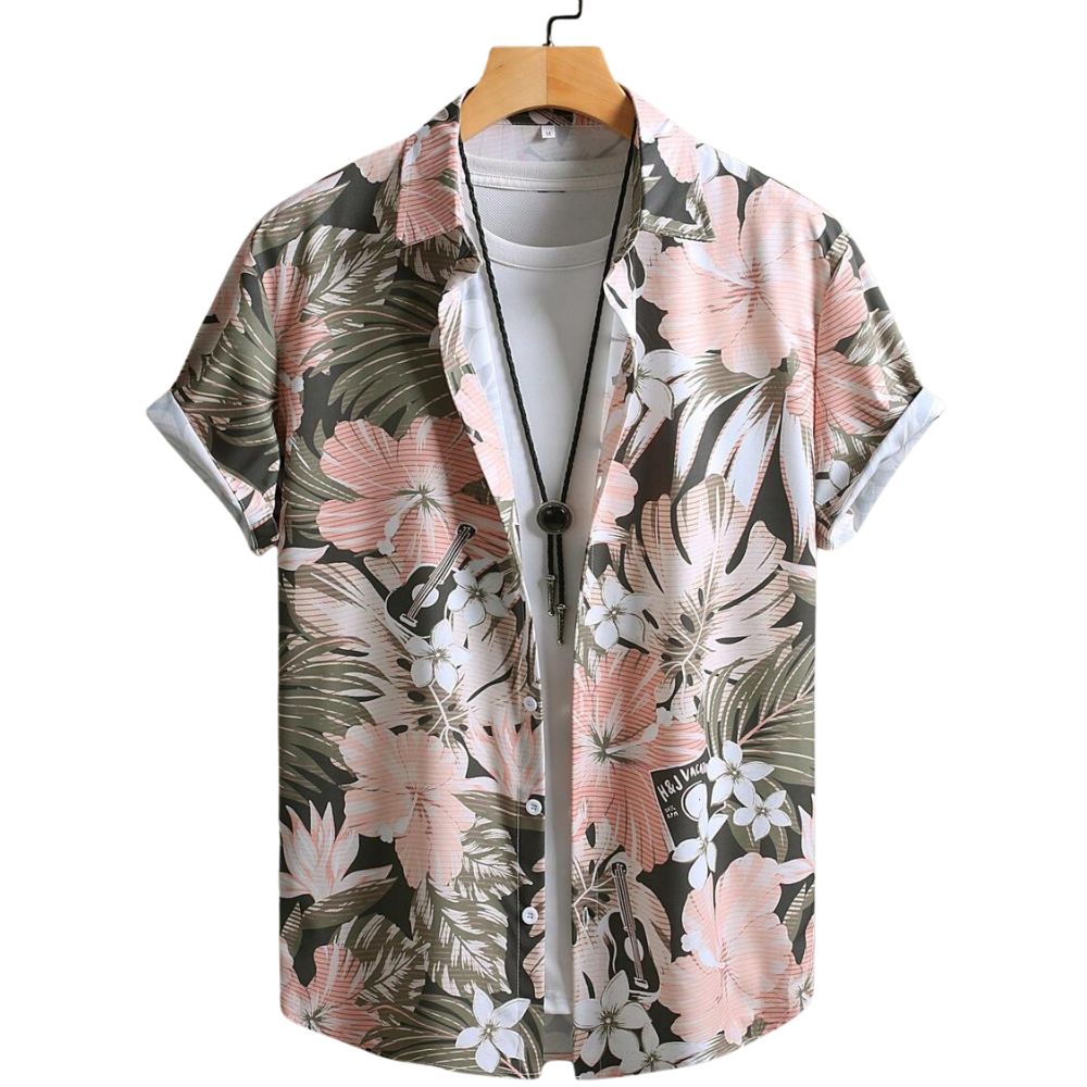 Vista frontal da Camisa Vinser Sunset Bloom, com estampa tropical floral em tons de rosa, branco e verde sobre fundo escuro, modelagem de manga curta e gola resort.