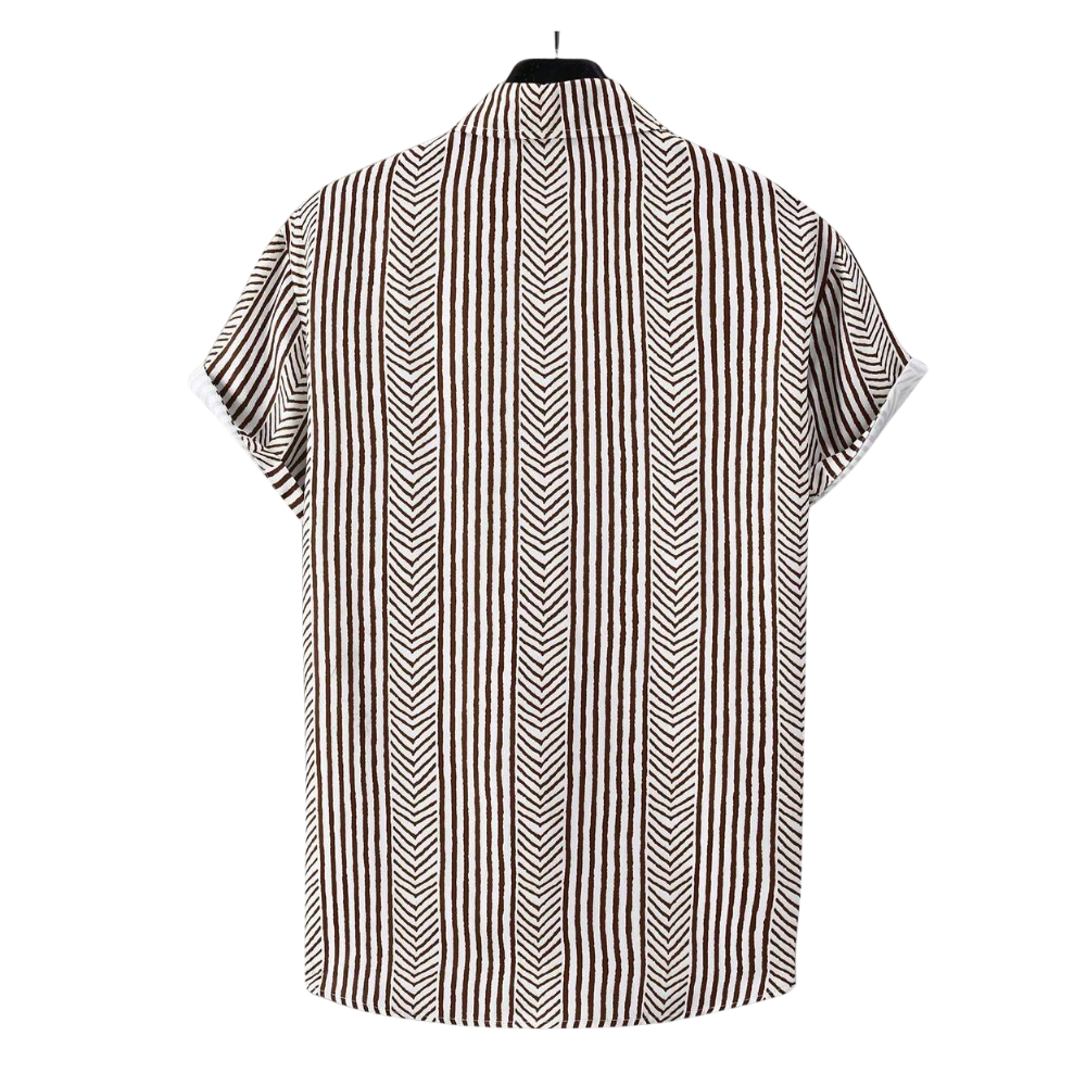 Camisa Vinser Traço Terroso branca vista de costas com estampa geométrica em linhas marrons