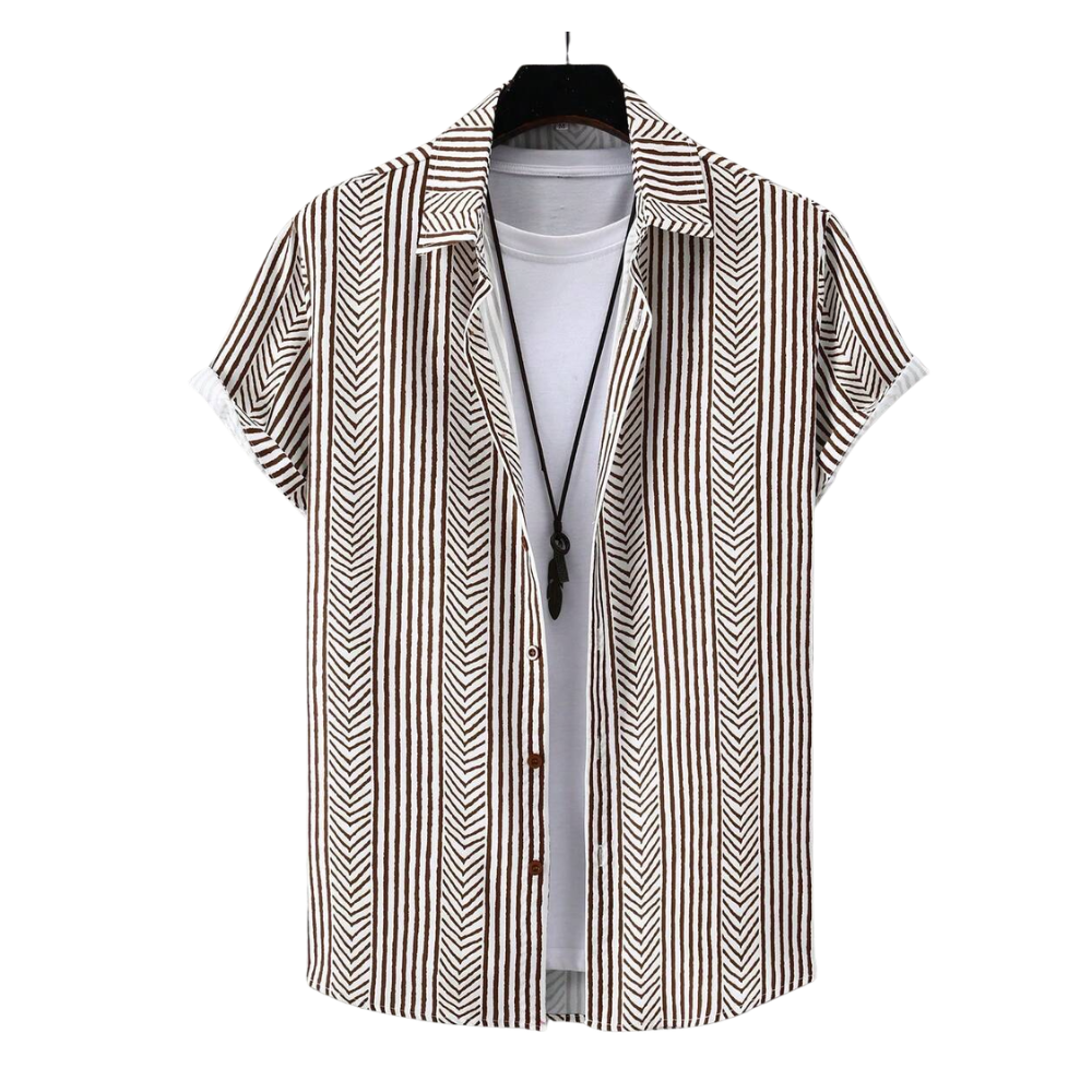 Camisa Vinser Traço Terroso branca com estampa geométrica marrom e detalhes em linhas