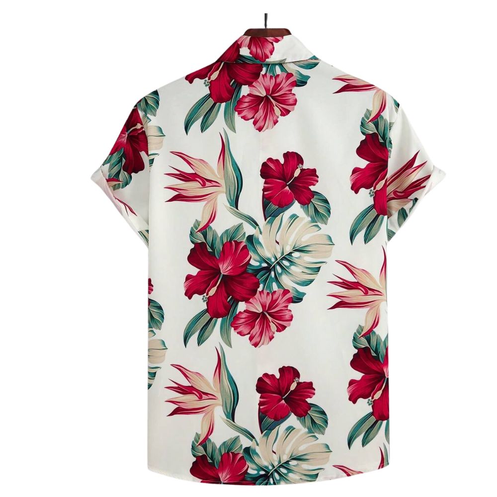 Costas da Camisa Vinser Tulum masculina branca com estampa floral vermelha e verde