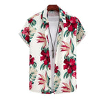 Camisa Vinser Tulum masculina branca com estampa floral vermelha e verde e manga curta