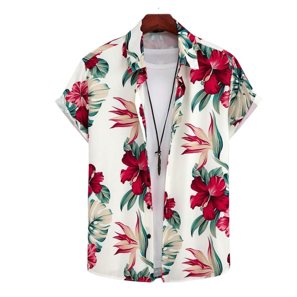 Camisa Vinser Tulum masculina branca com estampa floral vermelha e verde e manga curta