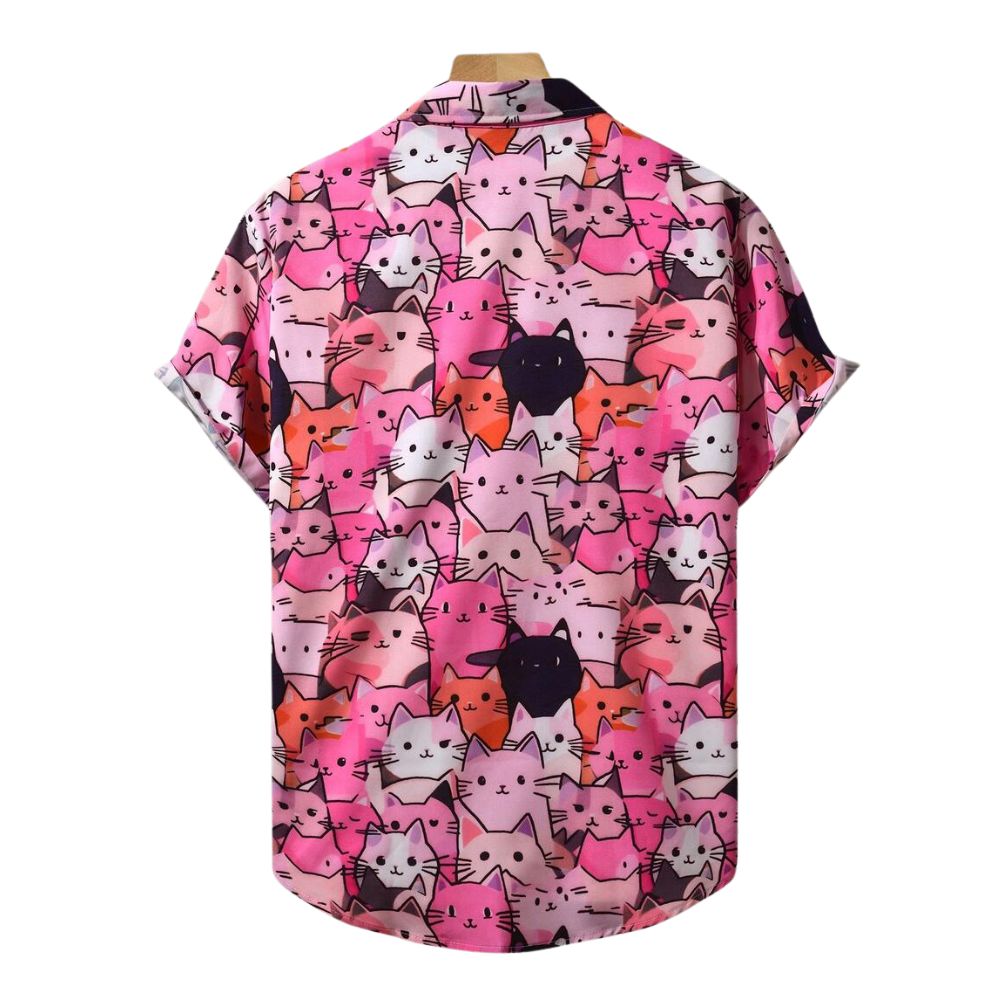 Parte traseira da Camisa Vinser Ubatuba rosa com estampa de gatos