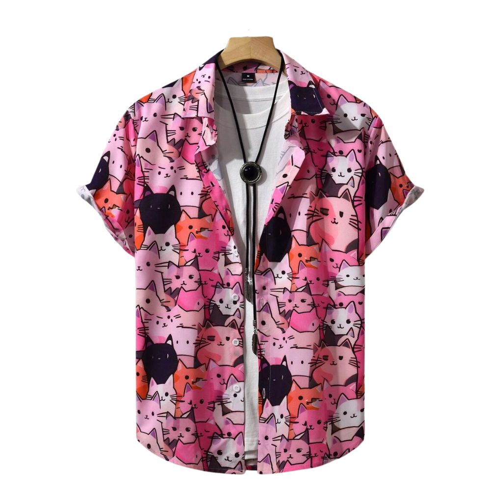 Camisa Vinser Ubatuba rosa de manga curta com estampa de gatos